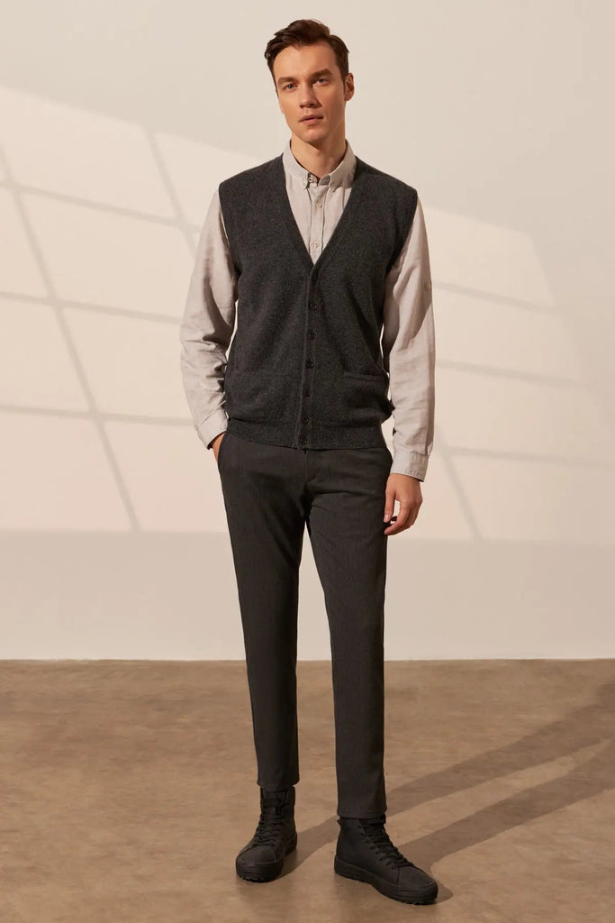 Anthracite Jan Saf Kamir V-Neck Men's Vest Silk and Cashmere