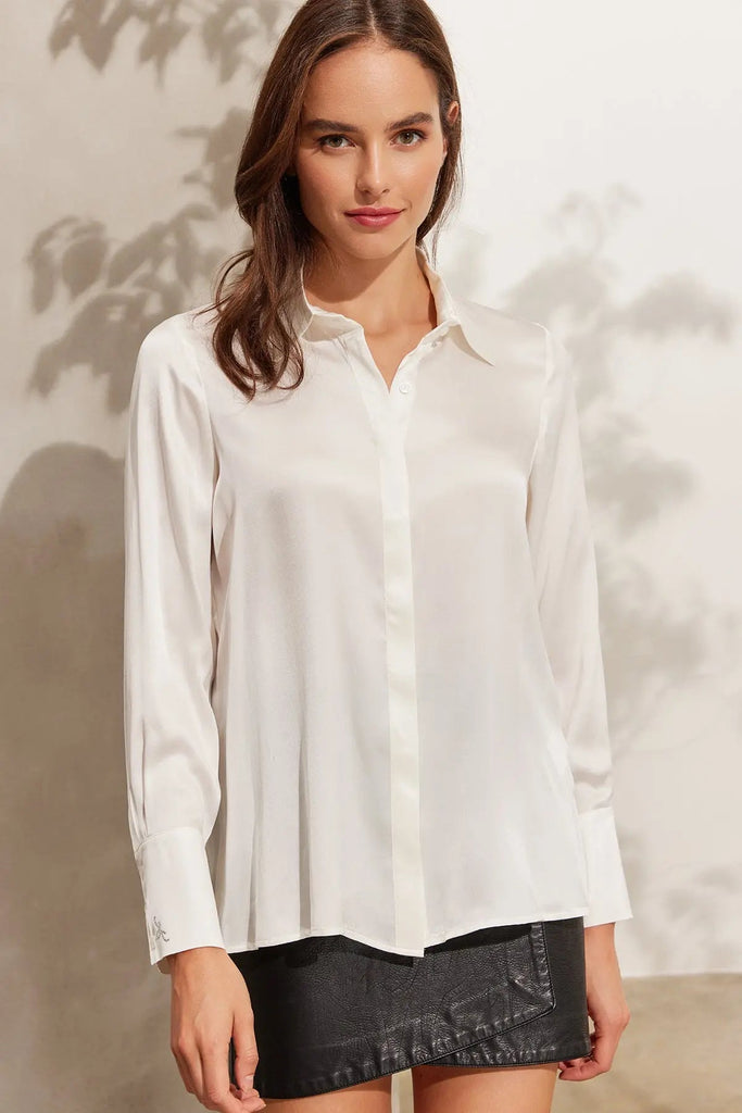 Beyaz Saf İpek Audrey Uzun Kollu Kadın Gömlek Silk and Cashmere