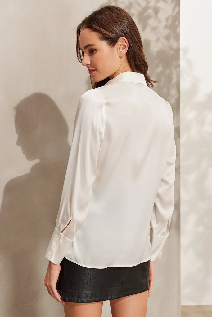 Beyaz Saf İpek Audrey Uzun Kollu Kadın Gömlek Silk and Cashmere