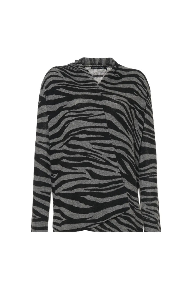 Gri Kaşmir Yün Zebra Baskılı Düğmesiz Uzun Kollu Hırka Silk and Cashmere