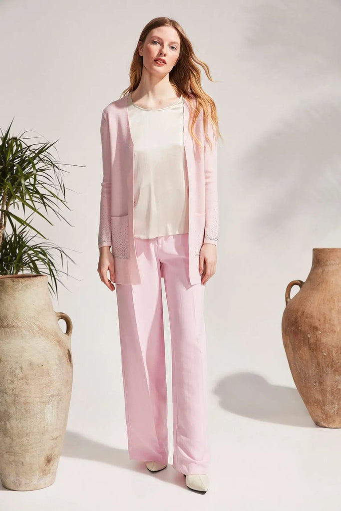 Dusty Rose Cashmere Blended Venus Stone Detailed Cardigan Silk and Cashmere