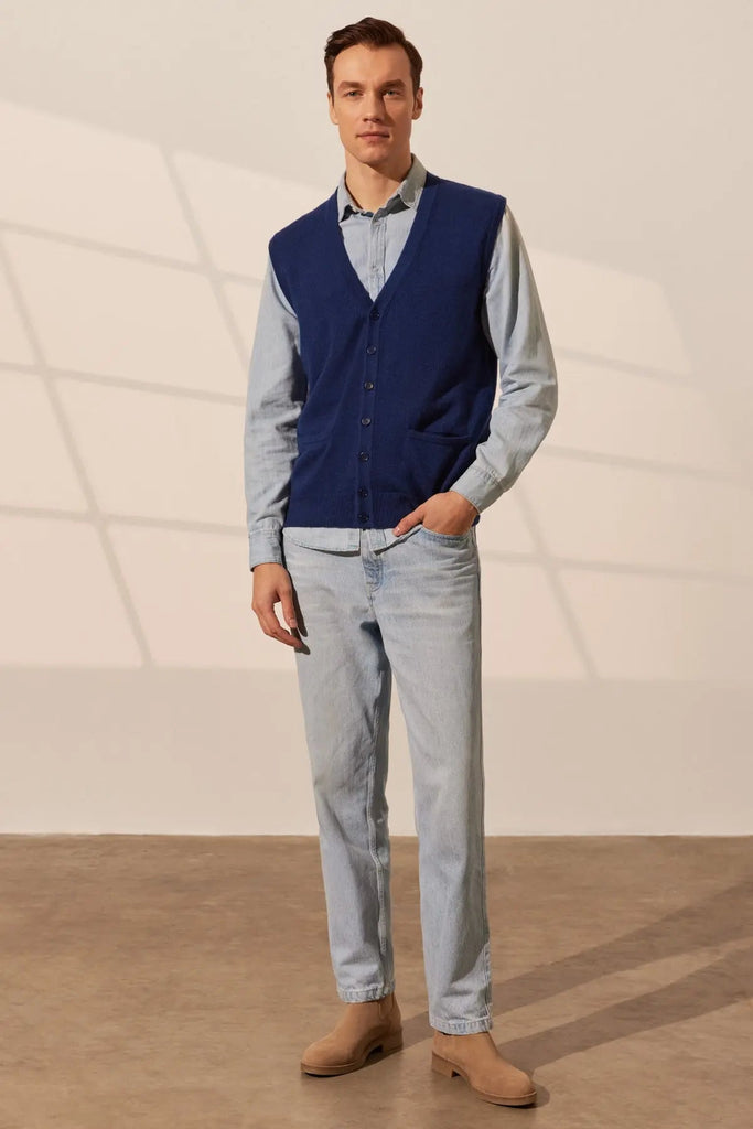 Navy Blue Jan Saf Kamir V-Neck Men's Vest Silk and Cashmere