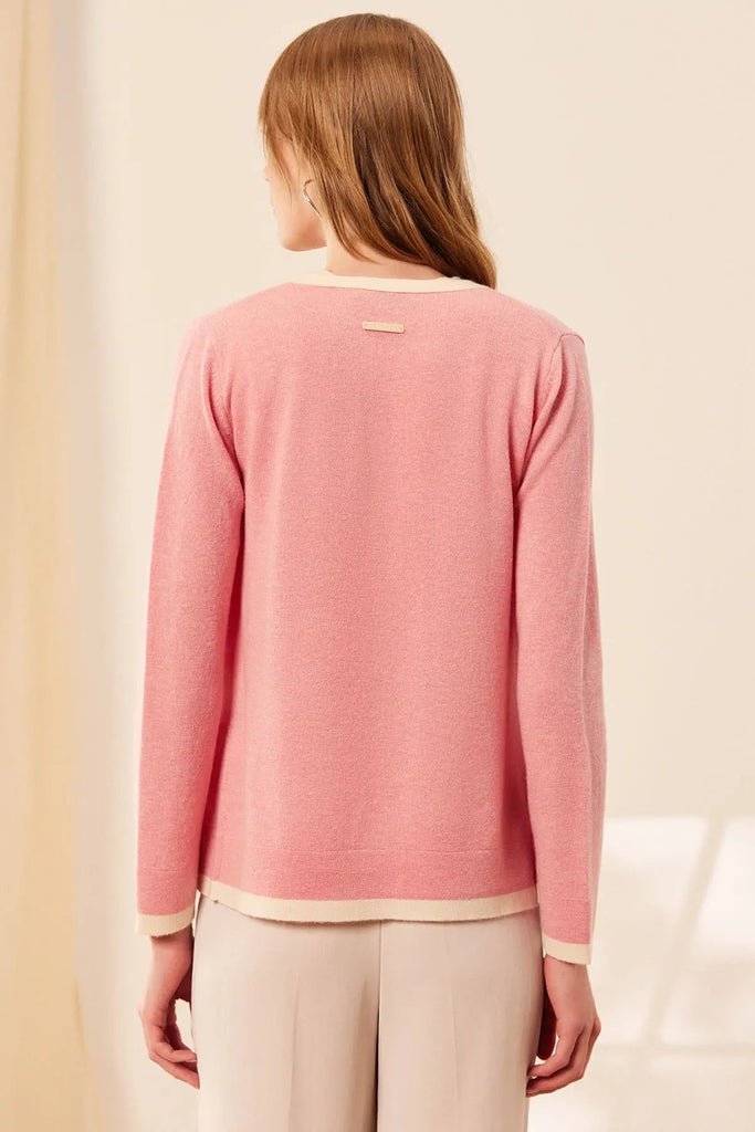 Pembe AHS Merino Yünü Kaşmir Bordür Detaylı Yuvarlak Yaka Uzun Kollu Kadın Hırka Silk and Cashmere