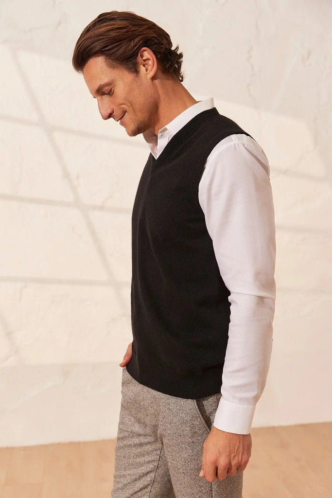 Black Pure Kamir Gio V-Neck Men's Sweater Silk and Cashmere