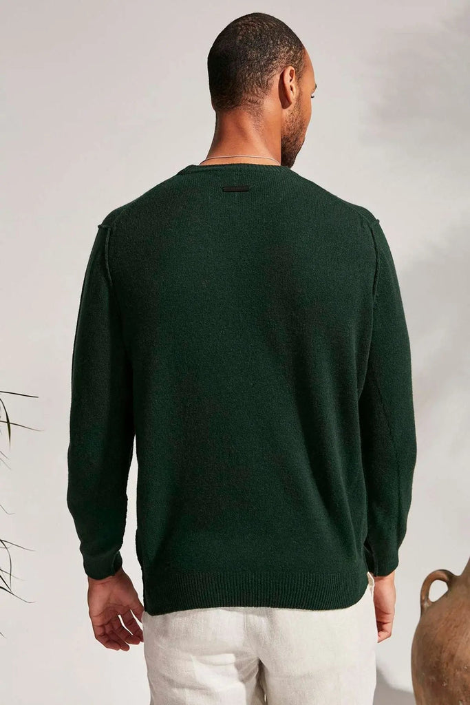 Yeşil Kaşmir ve Avustralya Yünü Erson Ters Dikiş Detaylı Yuvarlak Yaka Uzun Kollu Erkek Kazak Silk and Cashmere